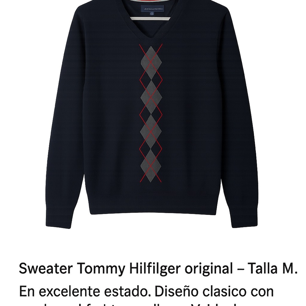 Tommy Hilfiger Black V-Neck Sweater with Argyle Pattern